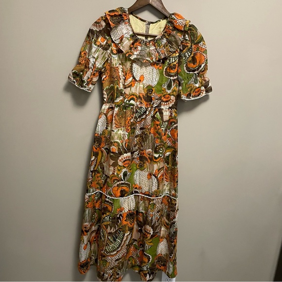 Dresses & Skirts - Vintage 70s Orange & Brown Floral Ruffle Neck Maxi Dress Approx Women XS